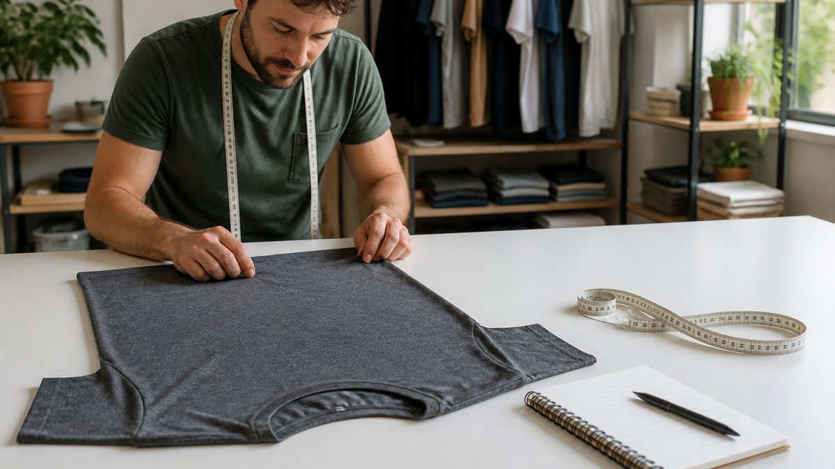 Soft fabric tape measure, notebook, pen, and a well-fitted t-shirt laid out neatly on a clean white surface with natural lighting