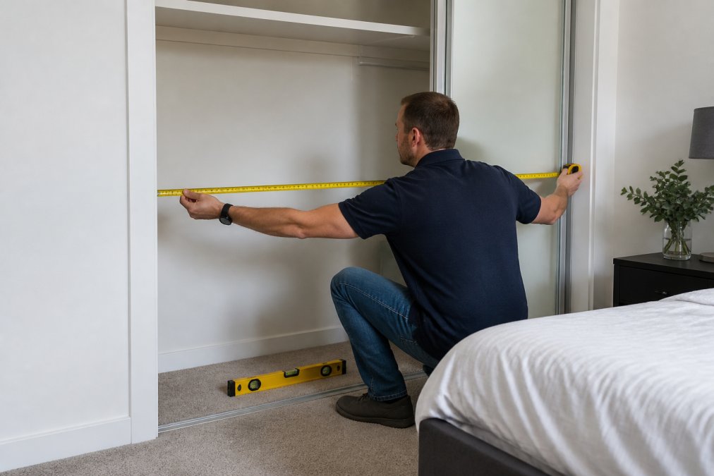 A person using a retractable steel tape measure to measure the width of a wardrobe opening in a bright bedroom, with a spirit level resting nearby on the floor