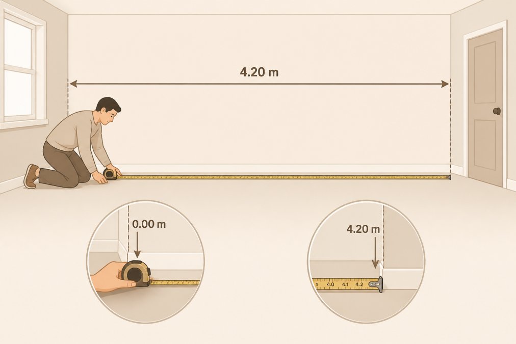 Person using a tape measure to measure the length of a room wall, with the tape extended horizontally across the floor, showing proper technique and careful positioning