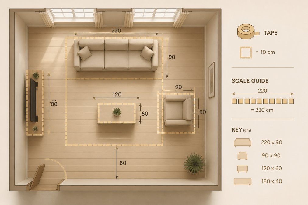 Overhead view of a room with painter's tape laid out on the floor to outline furniture placement in a geometric pattern, showing scale visualisation and spatial planning with natural light from windows