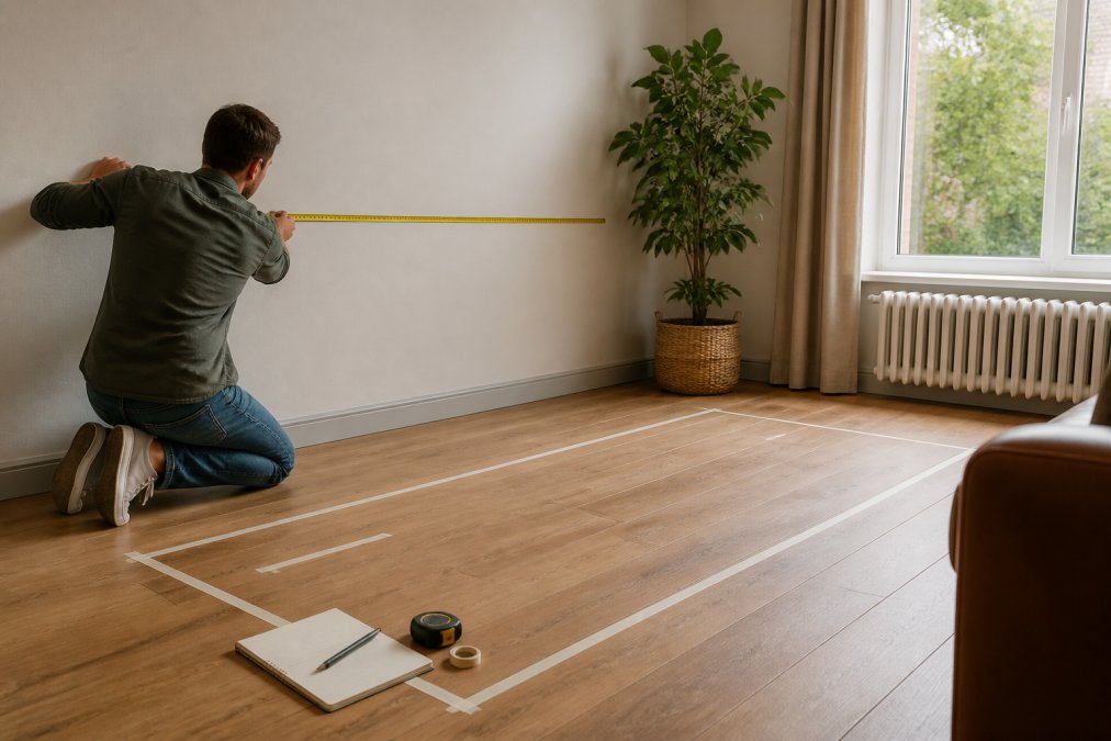 Person holding tape measure against living room wall while masking tape outlines a sofa footprint on the floor, natural daylight from window