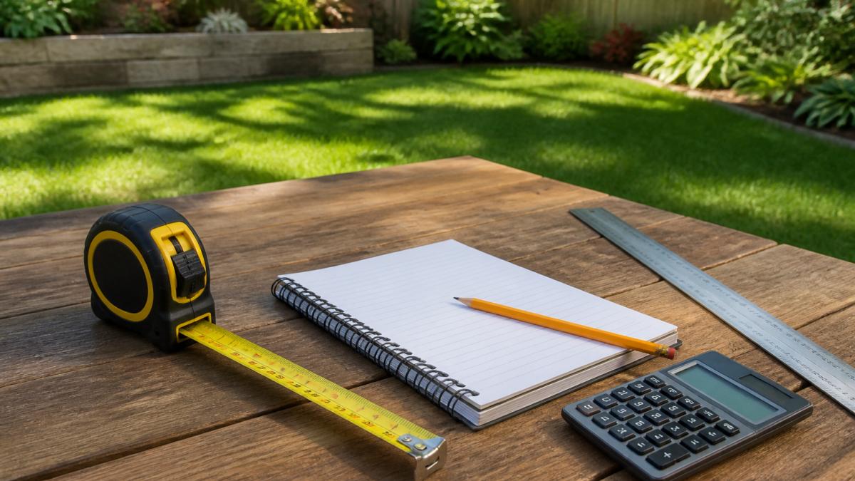 Homeowner holding a measuring tape and notepad in a sunny backyard with lawn and garden visible in the background, ready to measure for sod installation