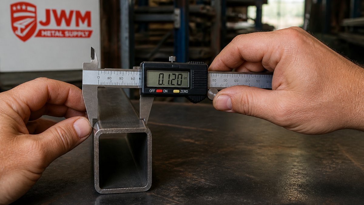 Close-up of hands holding digital calipers measuring the wall thickness of a square steel tube on a workbench, with natural lighting showing the caliper display clearly