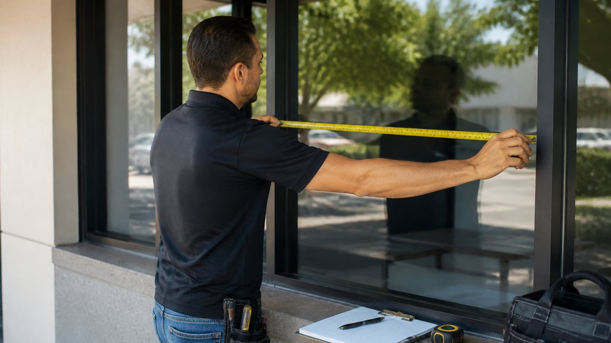Person using a tape measure on a storefront window glass pane, with a notebook and pen visible for recording measurements, natural daylight illuminating the glass