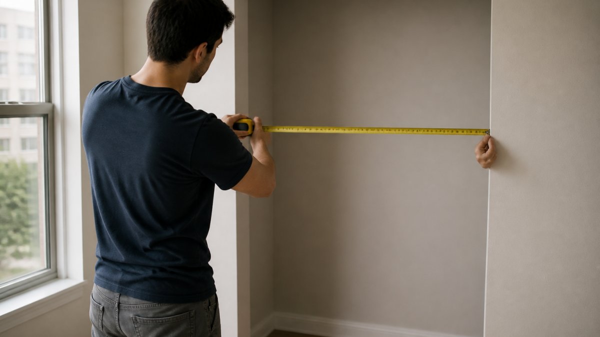 Person using tape measure to measure the width of an alcove opening, holding the tape horizontally across the entrance with natural light from a window