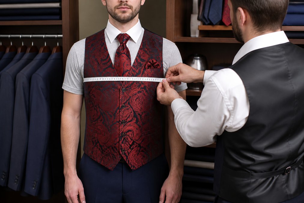 Man in casual clothing standing upright with arms at natural sides while someone measures across his chest with a measuring tape, showing proper tape placement and posture