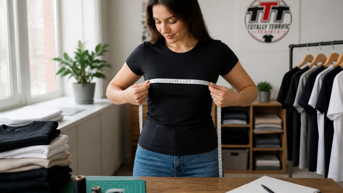 Woman using a soft tape measure to check her bust circumference across the fullest part of her chest