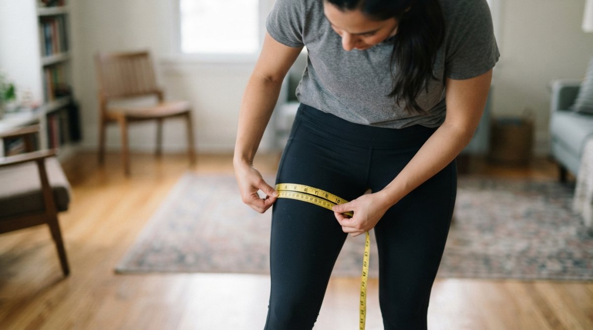 Woman standing with measuring tape wrapped horizontally around upper thigh, showing proper alignment and slight tension on the tape measure against her leg