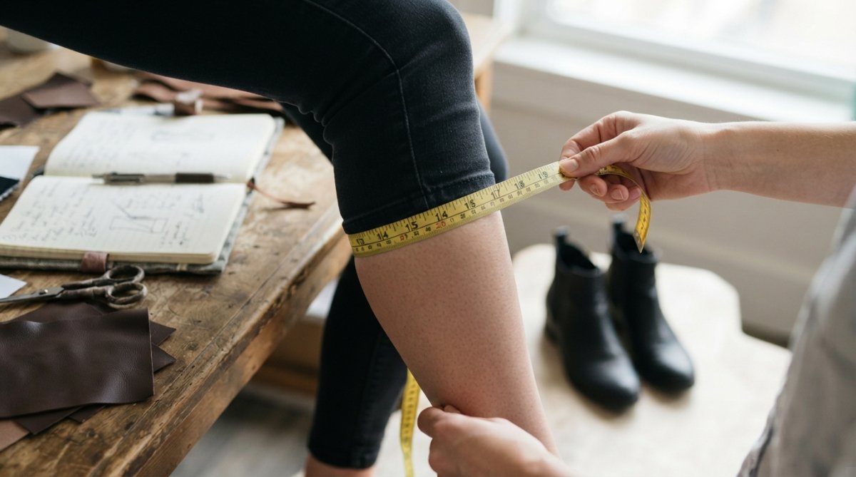 Close-up of measuring tape positioned horizontally around the widest part of the calf muscle, demonstrating proper alignment and slight tension on the tape