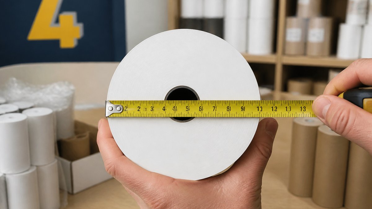 Close-up of hands holding a thermal till roll horizontally, displaying the central hole with a tape measure stretched across the outer diameter from edge to edge, showing the measurement point clearly