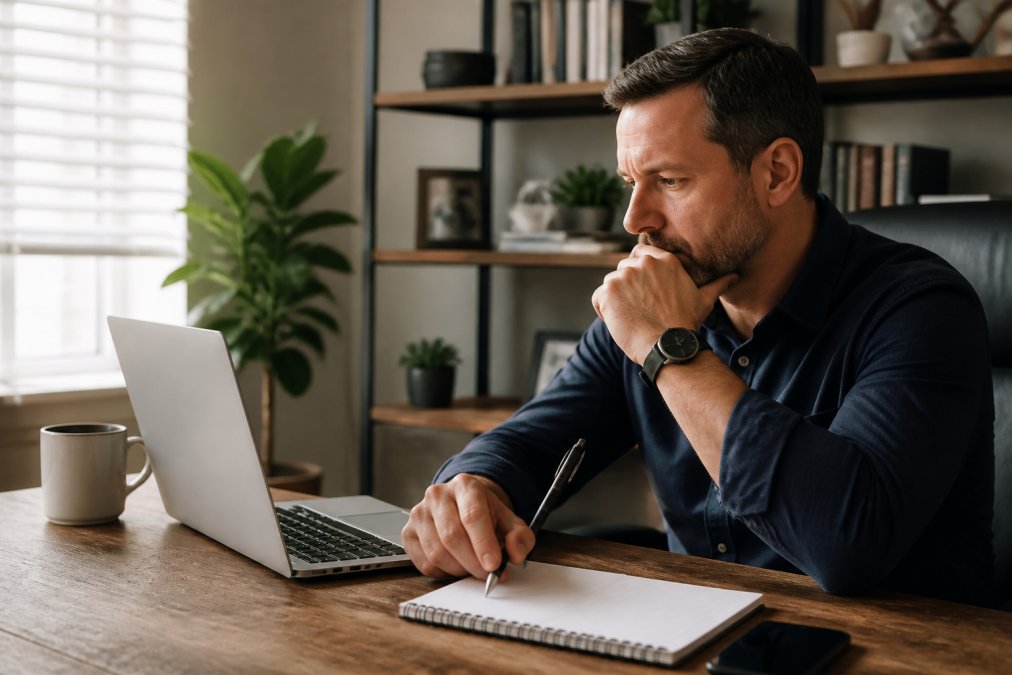 Home service business owner reviewing performance metrics on a laptop at desk with notebook and coffee in natural office lighting