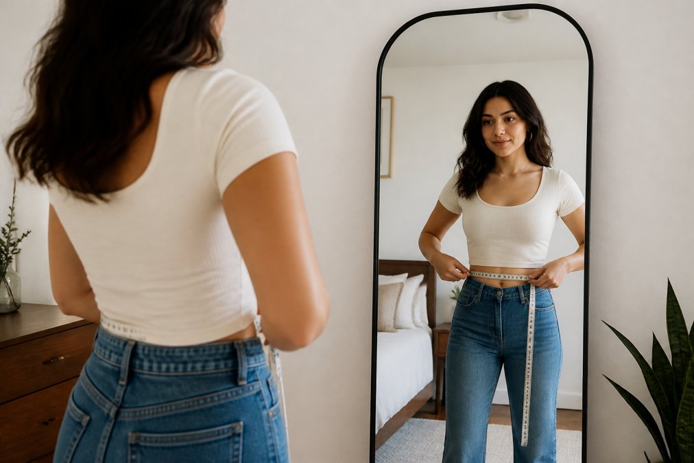 Woman using a flexible tape to measure waist at home while standing in front of a mirror in a bright bedroom.