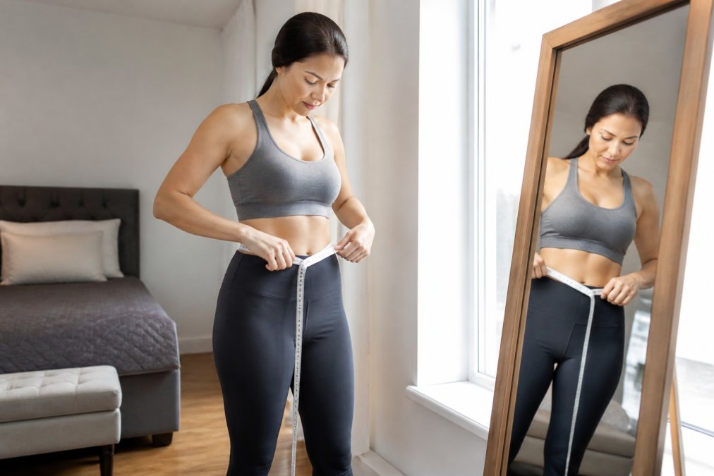 Woman in a bright bedroom using a flexible tape to measure waist above her navel for a proper pant fit