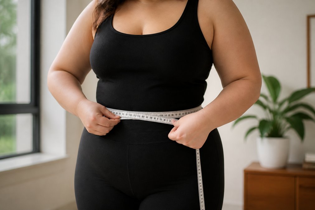 Woman standing in relaxed posture with soft tape measure positioned horizontally at natural waist level, showing proper tape placement and body positioning for accurate measurement