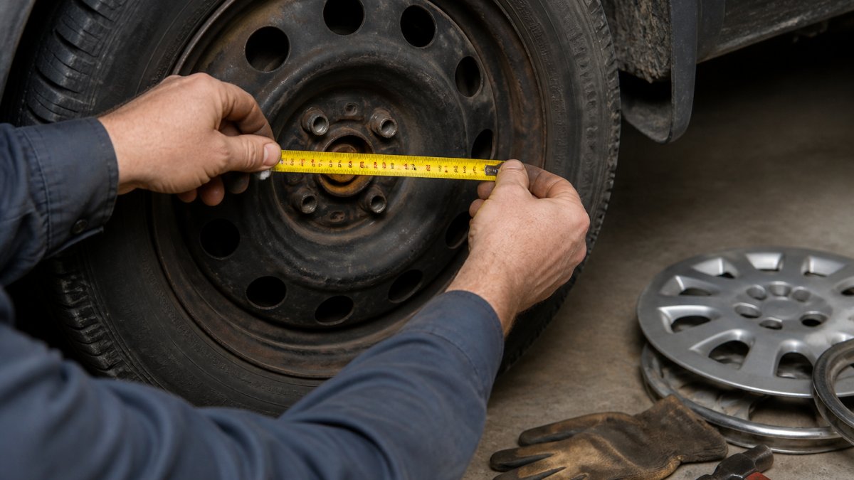 Close-up of hands using a tape measure across the center of a wheel hub, with lug holes clearly visible, in a garage setting