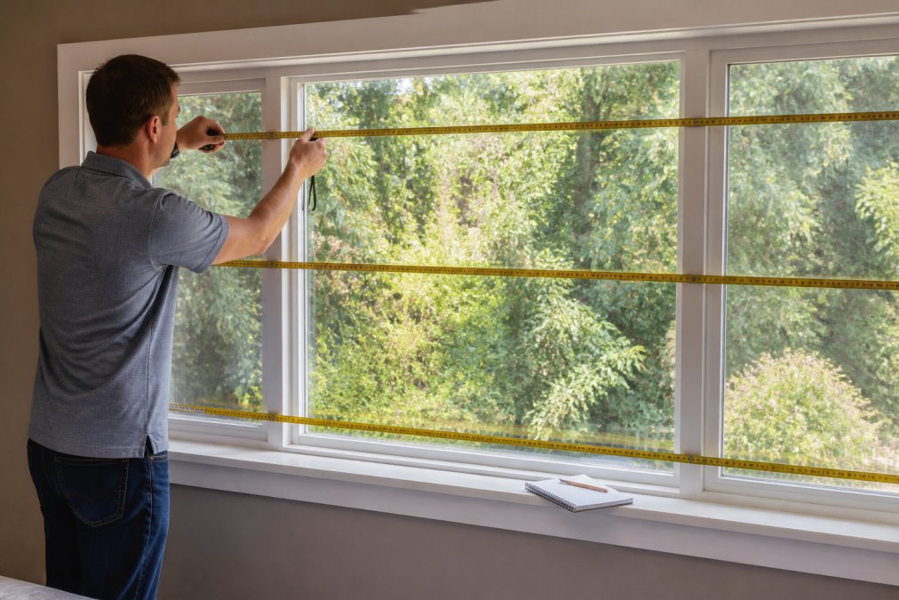 Person using a metal tape measure to record window width for custom drapery installation
