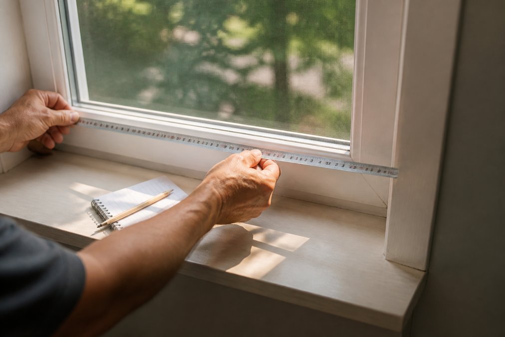 Close-up of a homeowner's hands holding a rigid steel measuring tape stretched across the inside of a white window frame, with a small notepad and pencil resting on the painted wood window sill in warm natural light