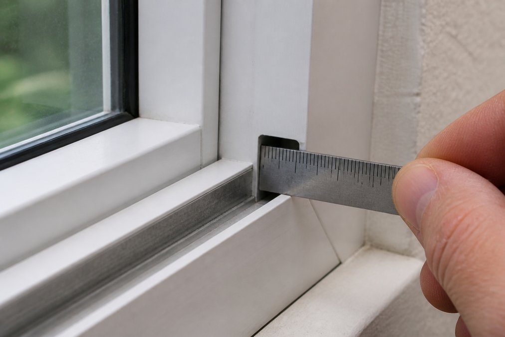 Close-up of a window frame corner showing the aluminum screen channel groove, with a small stainless steel ruler measuring the depth from the front face of the frame to the back of the channel, in bright natural daylight