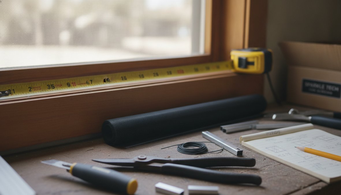 Close-up of a homeowner's hands using a tape measure on a window frame, measuring horizontally across the jambs with proper hand positioning and tape alignment, natural daylight streaming through the window