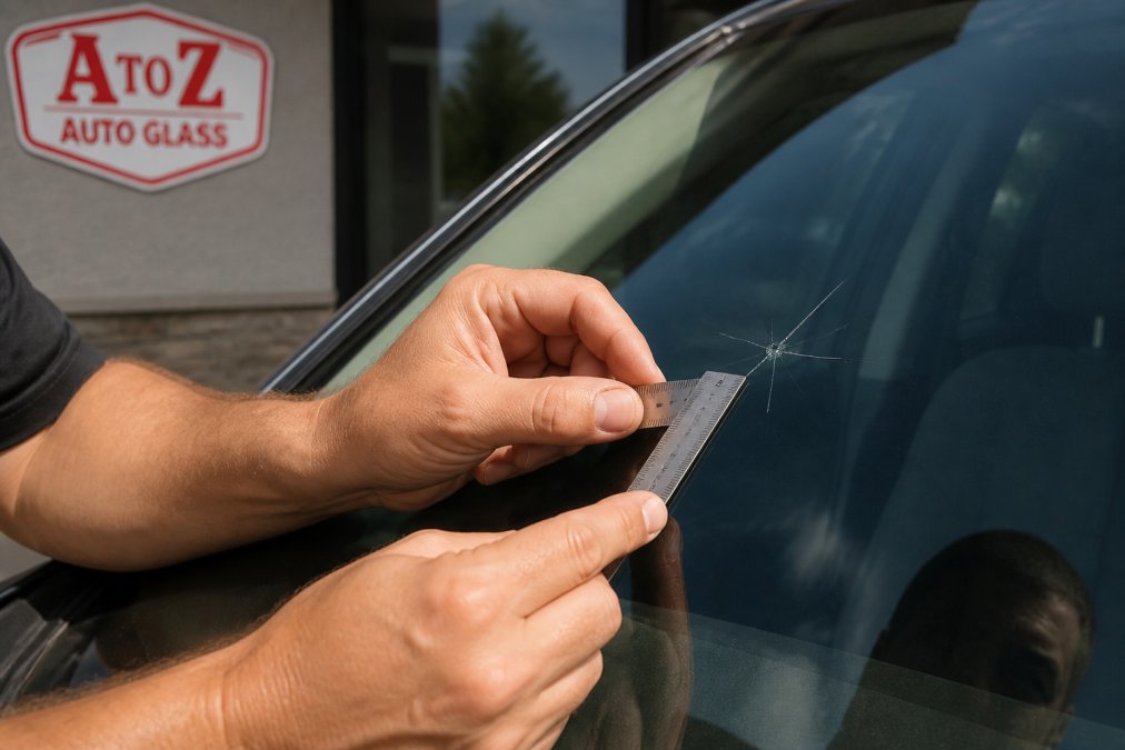 Close-up of a person's hands holding a small ruler against a car windshield, measuring a visible crack in bright daylight