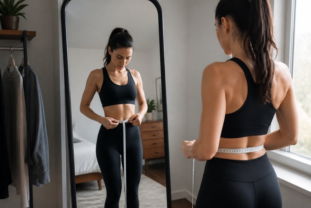 A woman standing in front of a full-length mirror at home, holding a flexible measuring tape around her natural waistline, wearing fitted activewear, with soft natural lighting and a neutral background