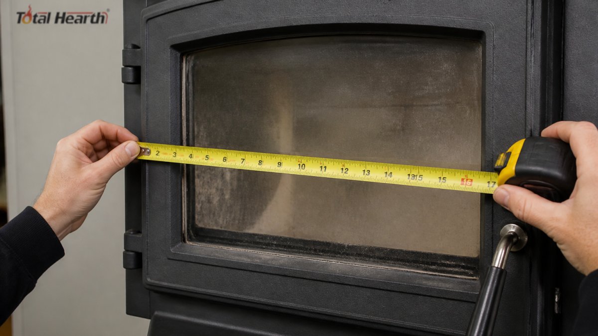 Close-up of a tape measure being held horizontally against a wood stove glass door, showing clear measurement markings and the glass panel surface in natural lighting