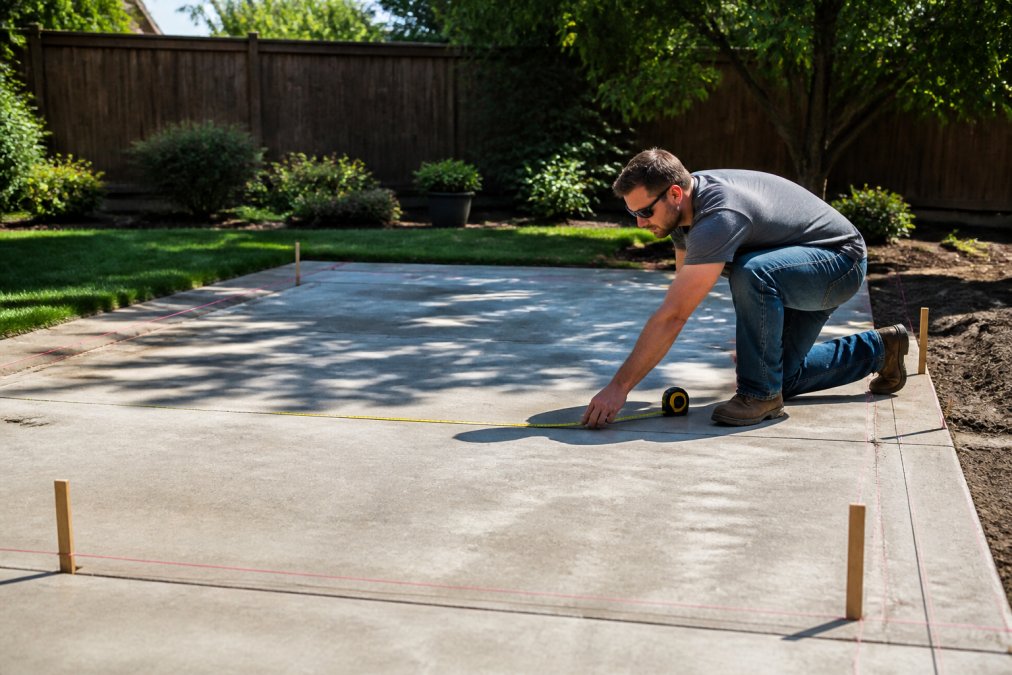 A person kneeling on a concrete patio holding a tape measure across the surface, with marking stakes and string outlining a rectangular area in a sunny backyard