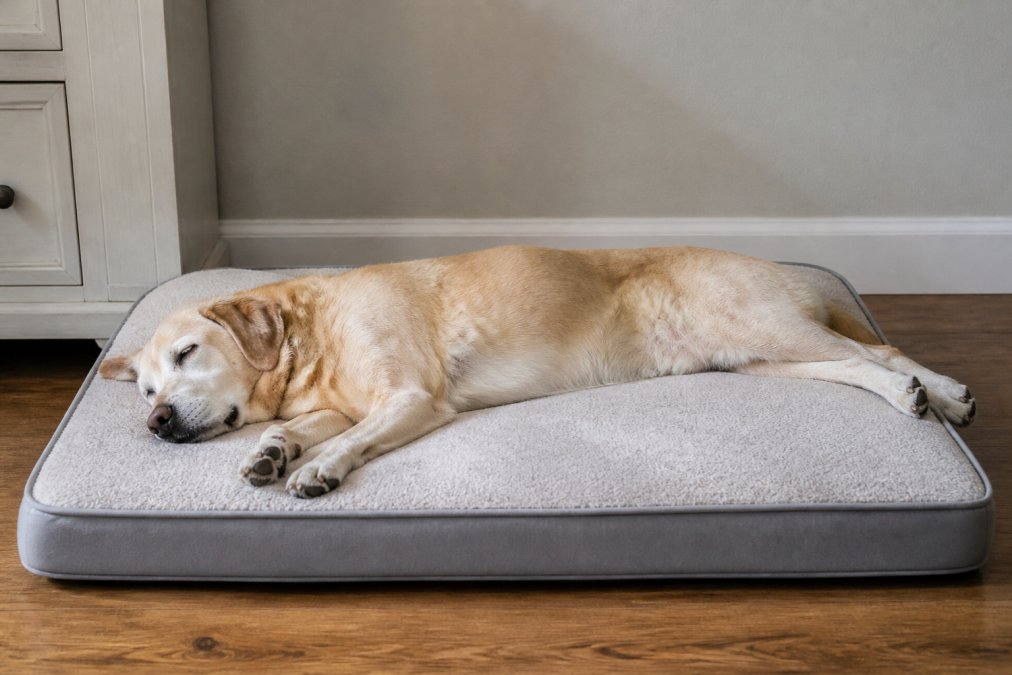 Senior dog sleeping stretched out on its side on an orthopedic memory foam bed, showing full body extension and relaxed posture in soft natural lighting
