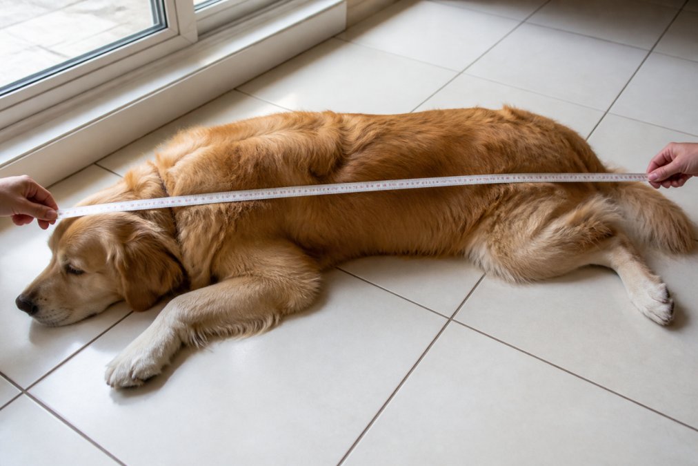 Close-up of a medium-sized golden retriever lying stretched out on a white tile floor with a fabric tape measure placed from nose to base of tail, showing proper measurement technique with natural window lighting