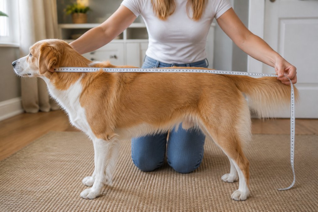 Dog owner measuring a medium-sized dog from tip of nose to base of tail using a soft measuring tape, with the dog standing naturally on a flat surface in natural home lighting