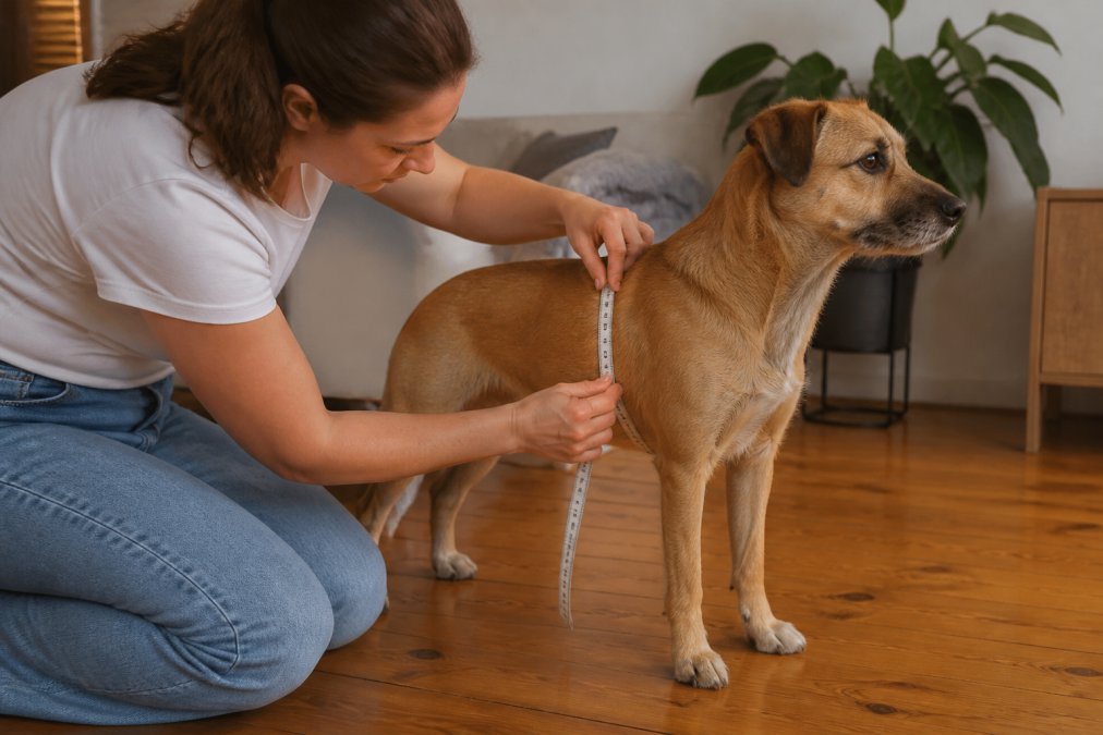 Person measuring a dog's chest girth with a tape to ensure a proper harness fit