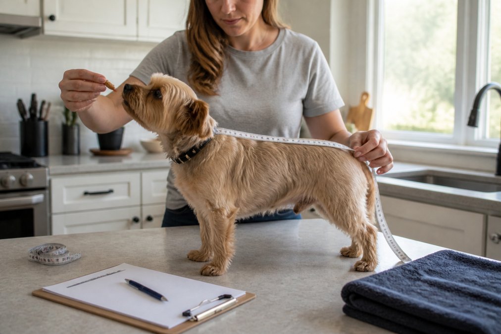 Dog owner measuring small dog from nose to base of tail with soft measuring tape, dog standing calmly on kitchen counter with natural window light, owner using treat to keep dog's attention
