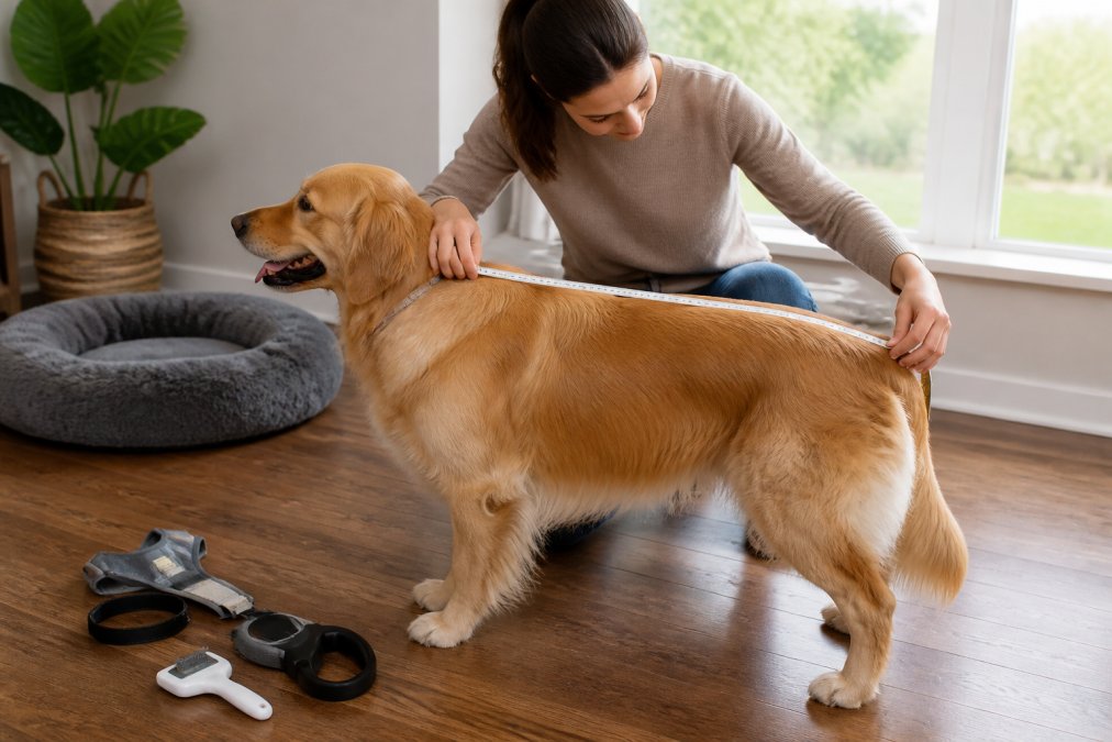 Dog owner gently measuring a standing golden retriever's back length with a soft fabric tape measure, measuring from the base of the neck to the tail base, dog standing naturally on hardwood floor with natural window lighting