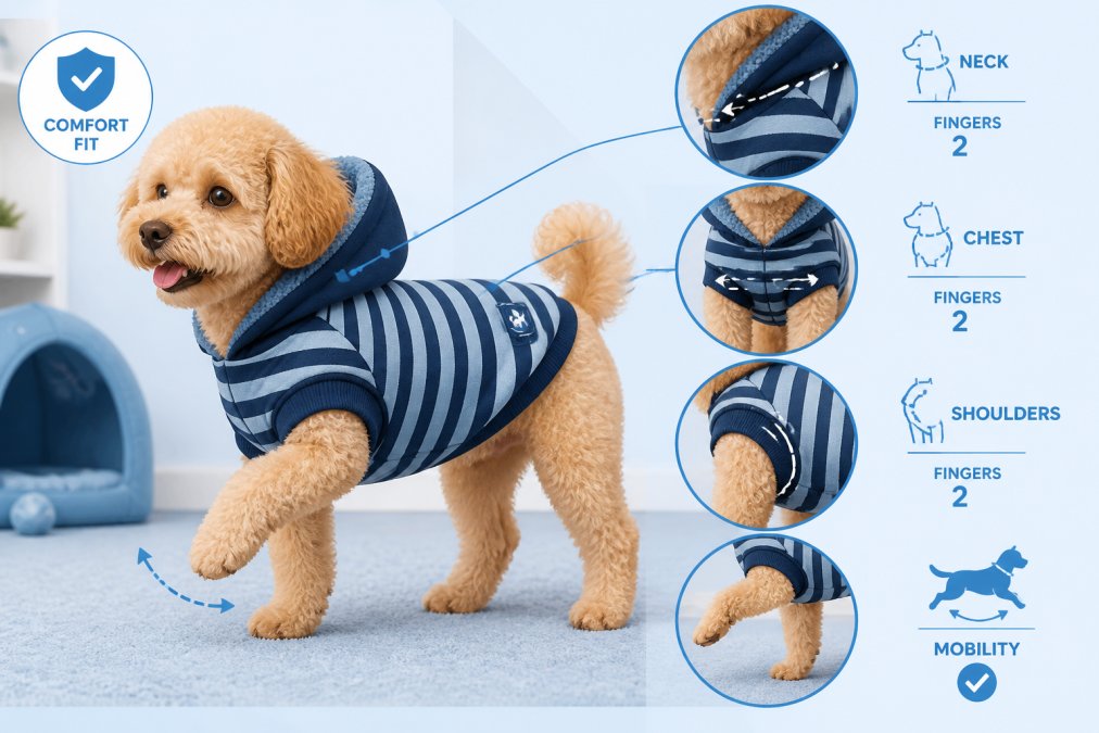 Small dog wearing a well-fitted striped winter hoodie, showing snug fit around chest and shoulders with visible range of motion in front legs, dog standing on carpet in natural indoor lighting