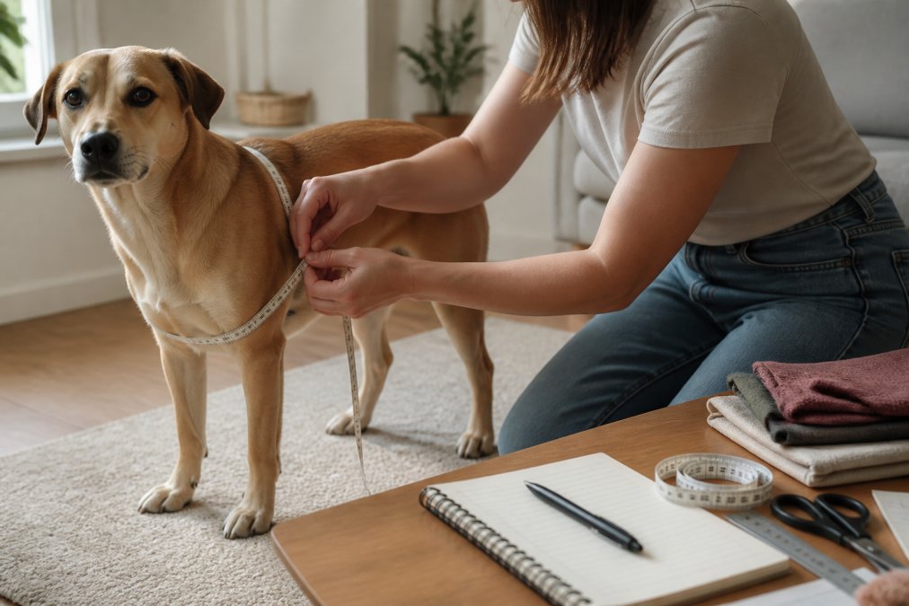 Person using a soft tape to measure your dog’s chest size in a home setting