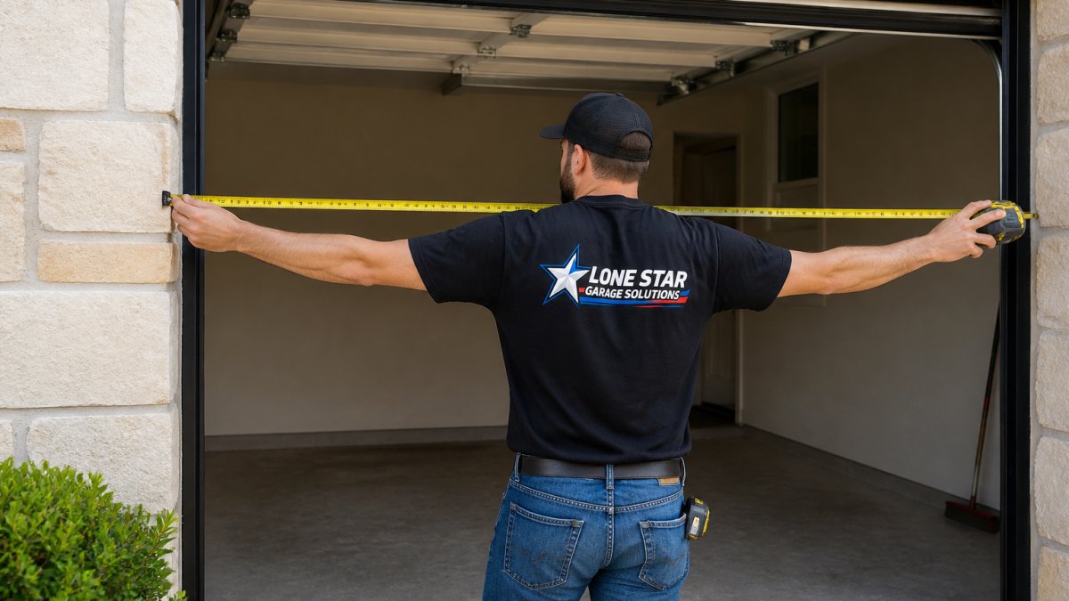 Homeowner using a metal tape to measure garage retractable screens by checking the width of the door frame.