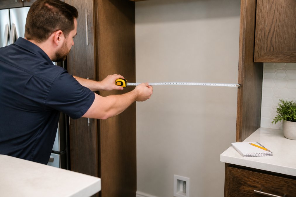 A homeowner using a metal tape measure to measure the width of a kitchen refrigerator opening between two wooden cabinets, with a notepad and pencil resting on the counter nearby, bright kitchen lighting