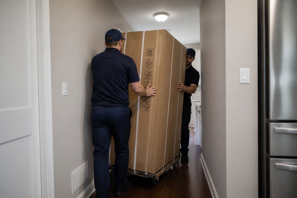 Two delivery workers carefully maneuvering a large boxed refrigerator through a narrow residential hallway toward a kitchen, with tight wall clearance visible on both sides, overhead lighting casting soft shadows