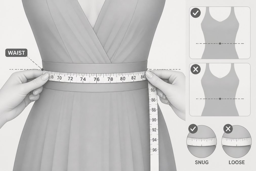 Close-up of hands holding a soft measuring tape positioned snugly around the natural waistline, showing proper tape tension and placement parallel to the floor