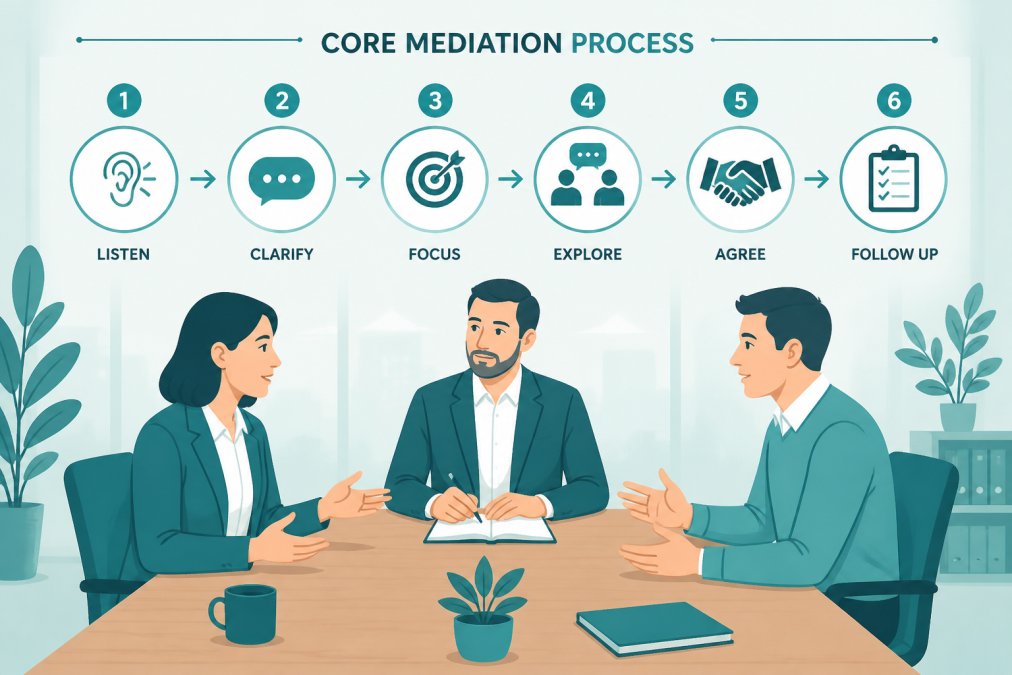 Two professionals engaged in a calm, constructive conversation seated across from each other at a wooden table in a bright office setting, with a neutral manager present taking notes, all displaying open body language and focused attention