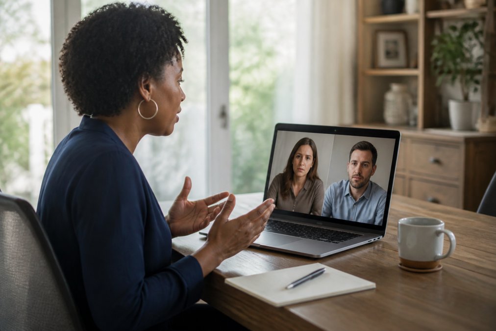 Professional conducting a video conference mediation session on a laptop screen, sitting in a calm, organized home office with soft natural lighting from a window, displaying a focused and composed expression while managing the remote discussion