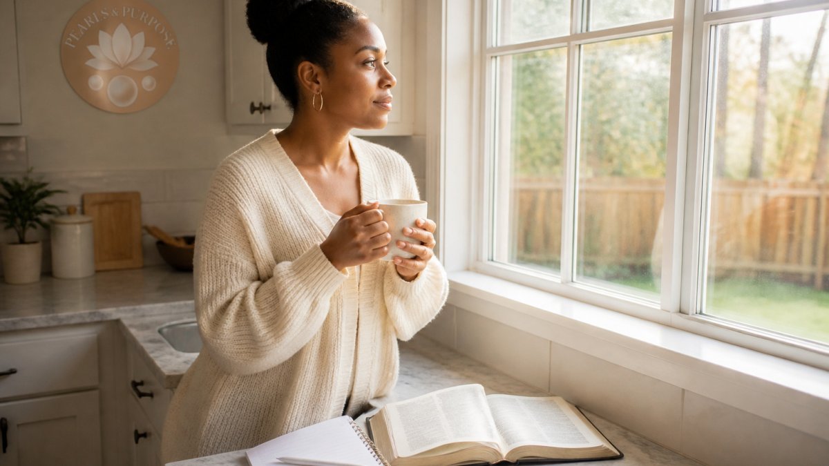 A mother pauses to meet God in her busy day while holding a warm mug by the sunlit kitchen window with an open Bible.