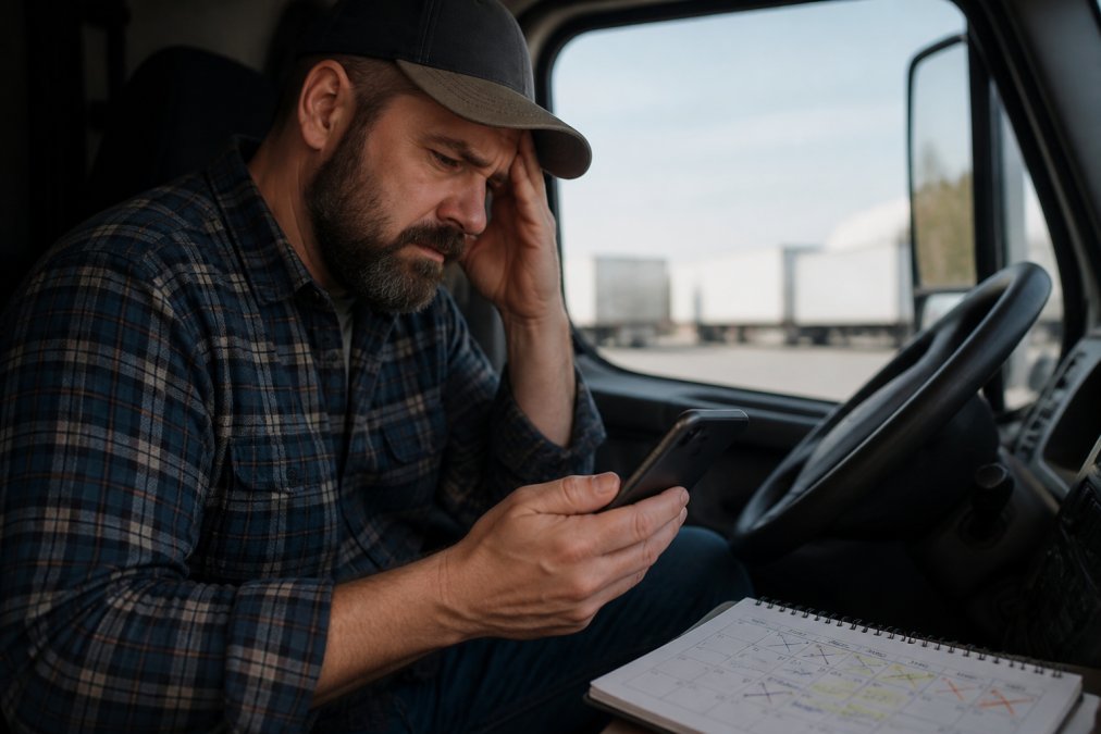 Concerned commercial driver checking phone and calendar with frustrated expression, showing missed deadline notifications and scheduling conflicts on screen