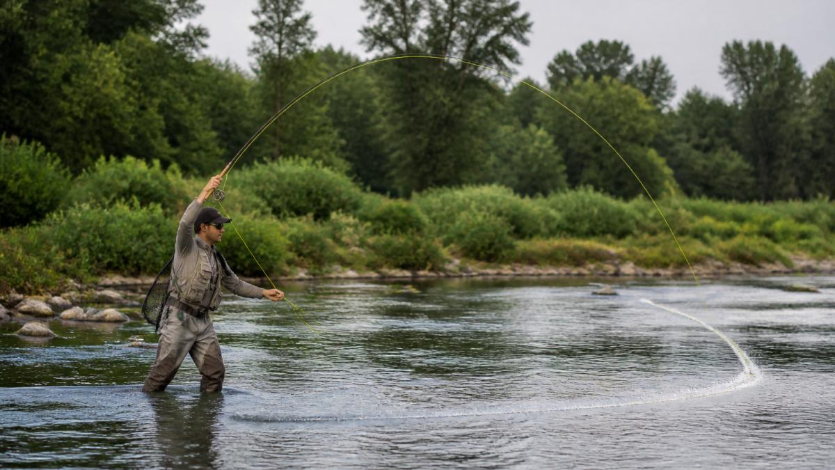 Angler lifting and flipping a line on a river to mend fly line with a raised rod tip in the morning light