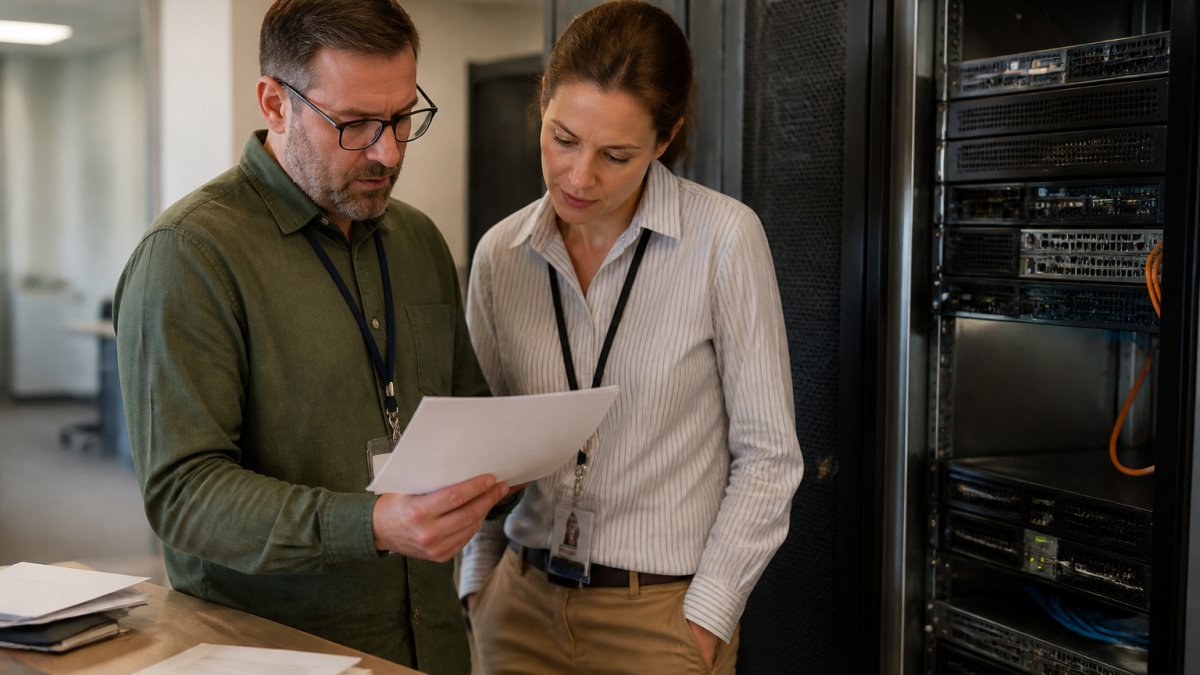 An IT manager and a colleague standing at a workstation reviewing a printed inventory list of network folders, with a server rack visible in the background of a mid-size office