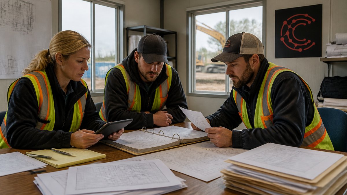 Construction team members reviewing project files and data on laptops and tablets in a job site office trailer, with printed schedules and documents visible on a wooden desk, natural daylight coming through windows