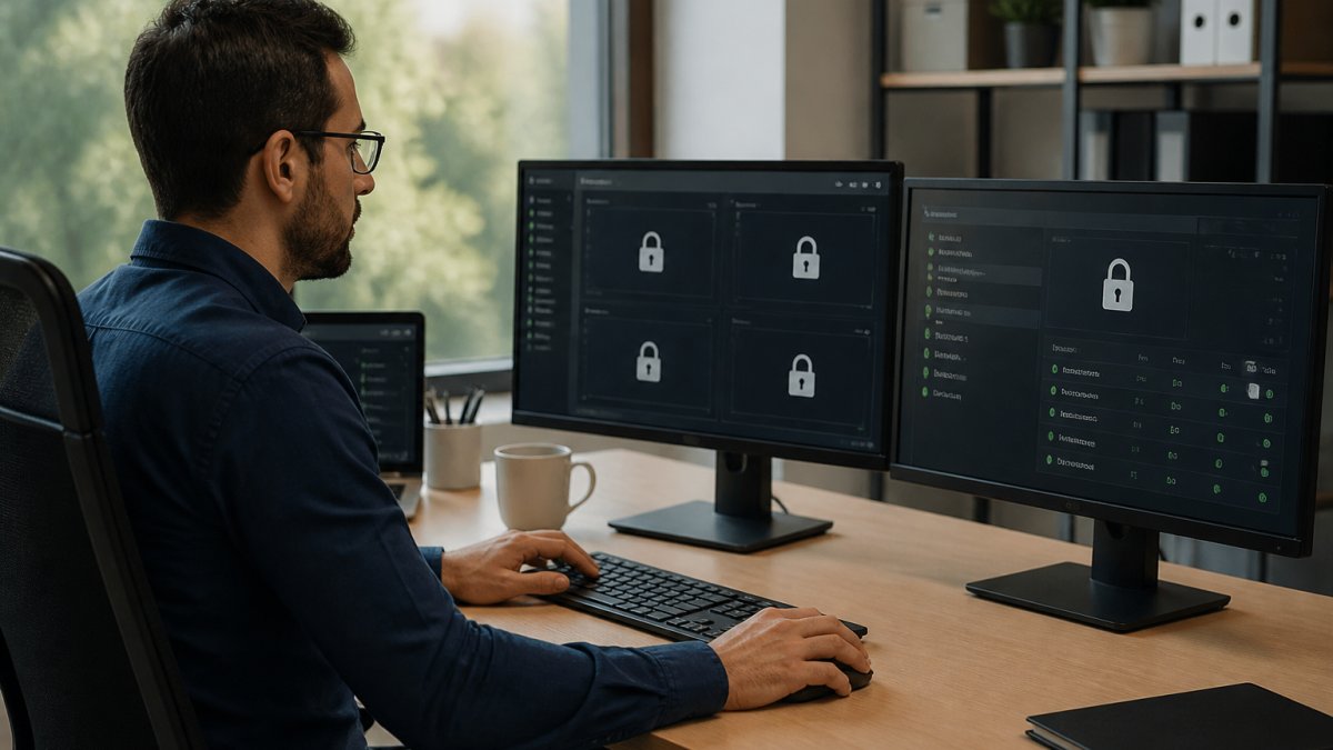 Administrator monitoring encryption protocols to migrate entity data securely on office screens