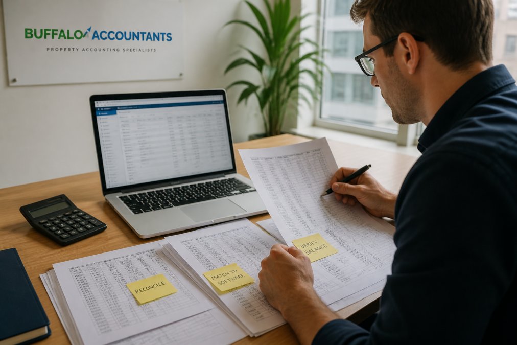 Accountant reconciling ledger records into property management software to migrate real estate financial data step by step