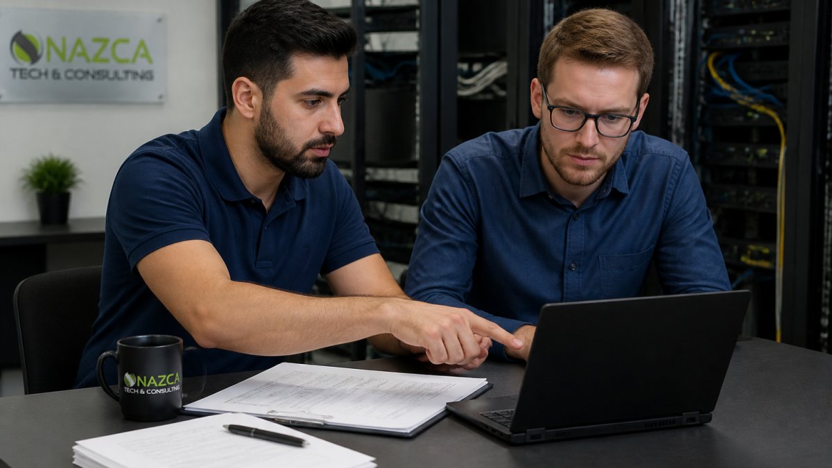 IT team members reviewing infrastructure documentation and system diagrams on a laptop in a modern office, with network equipment visible in the background