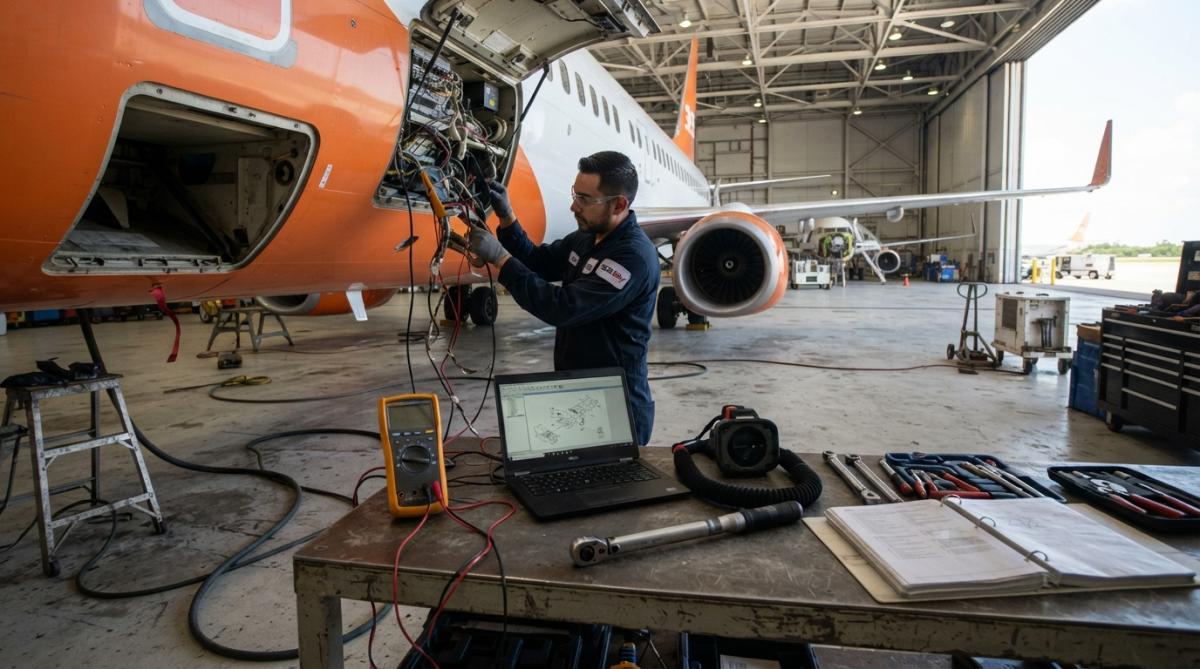 Aircraft maintenance technician working on landing gear in a well-lit hangar with diagnostic equipment and specialized tools visible, examining hydraulic components under bright overhead lighting